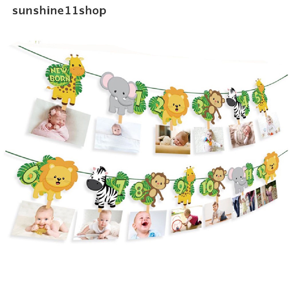 Sho Banner Ulang Tahun Jungle Animal Baby One 1st Birthday Januari Desember Foto Garlands Safari Gajah Singa Pesta Ulang Tahun Pertama N