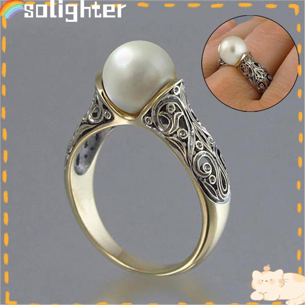 Cincin SOLIGHTER Mutiara Putih Tunangan Ukir Nikah Lapis Emas Kuning
