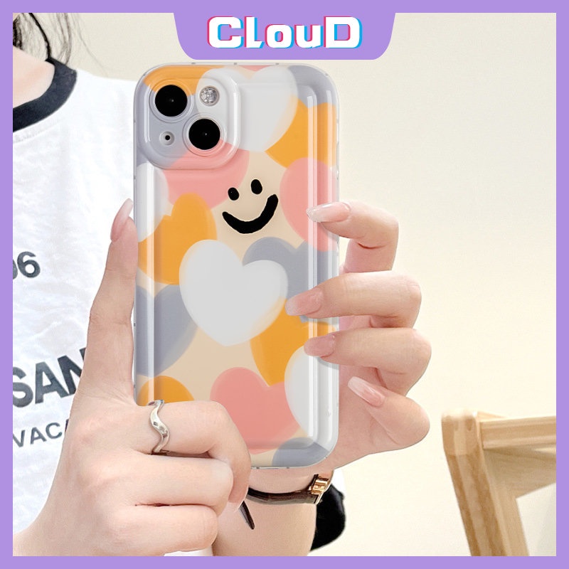 IPHONE Casing Ponsel Airbag Cinta Hati Warna-Warni Kompatibel Untuk Iphone11 14 12 13 Pro Max X XR 78 6s 6 Plus XS Max SE 2020 Kartun Smiley Lembut Tpu Pelindung Kamera Shockproof Cover