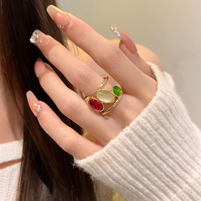 Cincin Pembukaan Permata Tiga Warna Bahan Alloy Fashion Untuk Wanita
