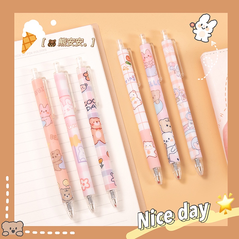 [Harga Grosir] 1PC Pola Acak Fancy Lucu Press Pen Kartun Beruang Gel Pulpen 0.5mm Tinta Hitam Pena Ditarik Siswa Alat Tulis Sekolah Perlengkapan Kantor