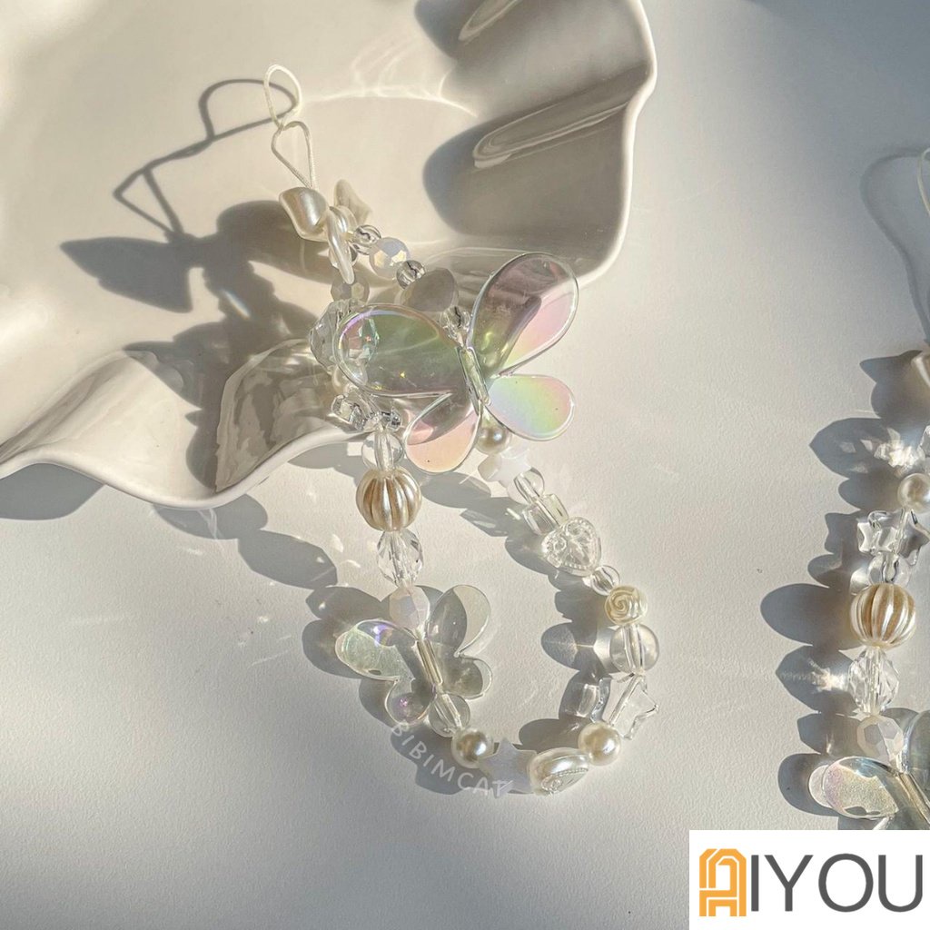 Ins Kupu-Kupu Mutiara Manik-Manik Bunga Ponsel Rantai Anti Hilang Tali Strap Lanyard Mutiara Manik Akrilik Warna-Warni Kasus Ponsel Kabel Gantung