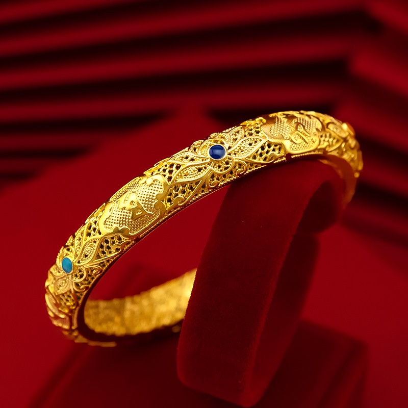 Goldkingdom Perhiasan Fashion Emas Asli Kadar 375Bangkok Aksesoris Ready Stock Berlapis Emas Retro Melubangi Gelang Gaya Wanita Enam Kata Amsal Lotus Ibu Gelang