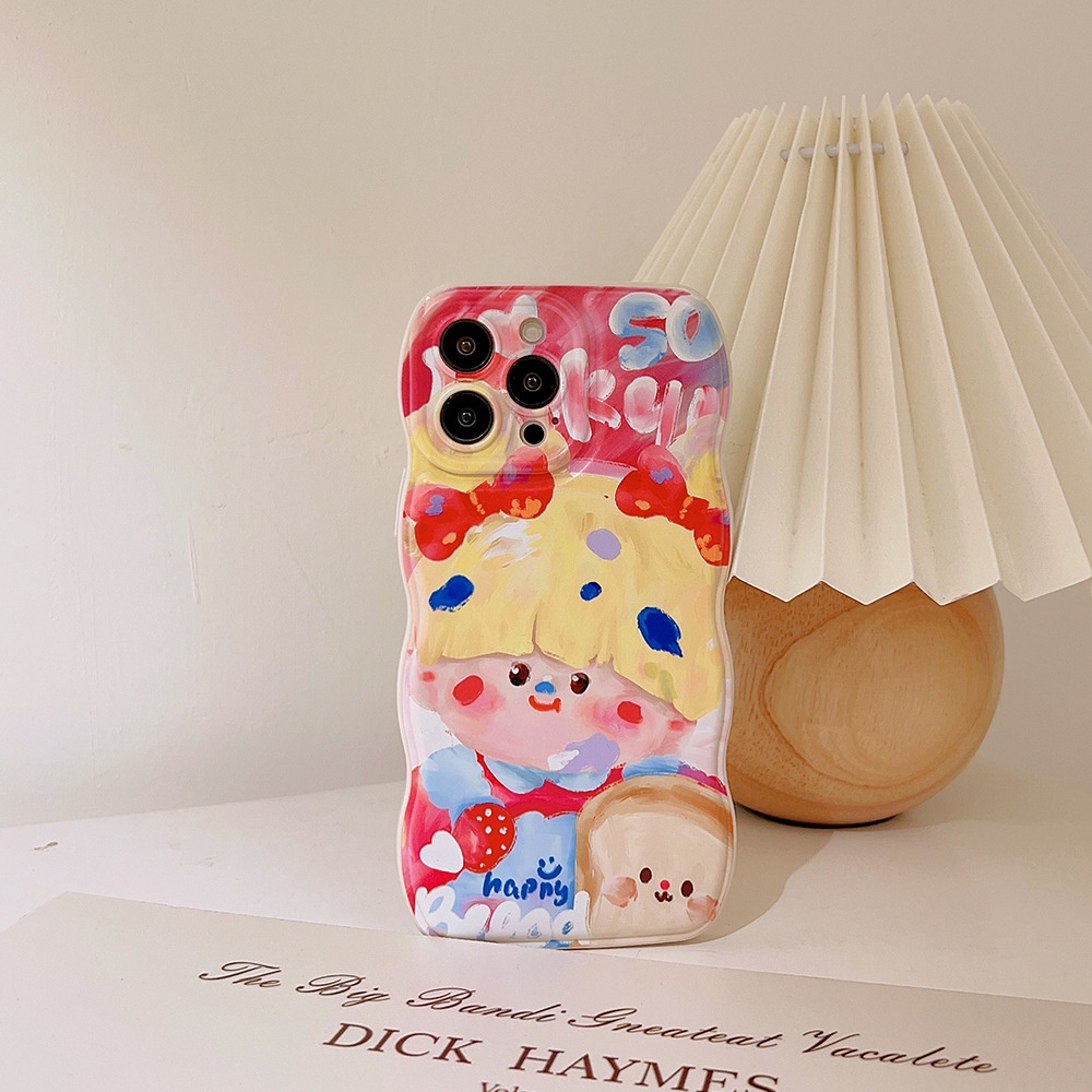 IPHONE Ins Gadis Lucu Lukisan Cat Minyak Kartun Soft Beige Case Untuk Iphone14 11 12 13 PRO MAX Casing Cover Pelindung AT0019