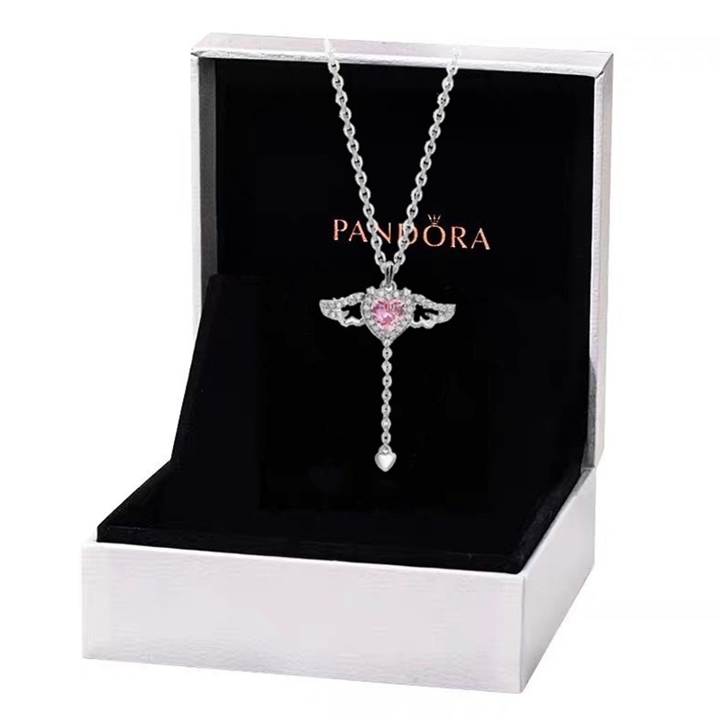 Pandora Kalung925 Perak Pink Cubic Zirconia Sayap Malaikat Cinta Hati Liontin Kalung Aksesoris Wanita Gadis Fashion Hadiah Perhiasan