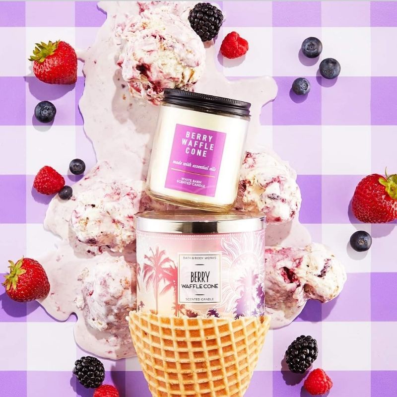 BATH AND BODY WORKS BBW BERRY WAFFLE CONE 3 WICK SCENTED CANDLE MADE WITH ESSENTIAL OILS 411 G