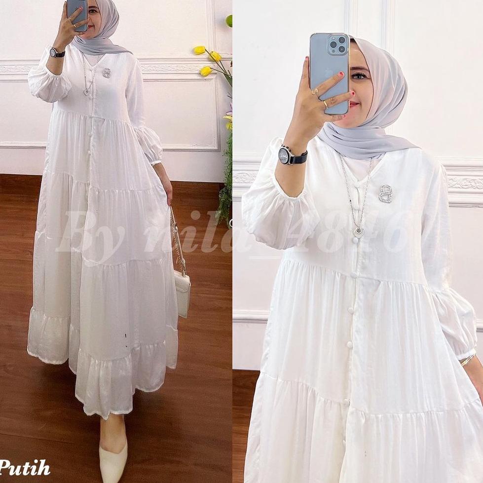 New Sale Gamis Midi Dress Premium Baju Dress Wanita Muslim Long Dress Jumbo XL, XXL, XXXL Dress Puti