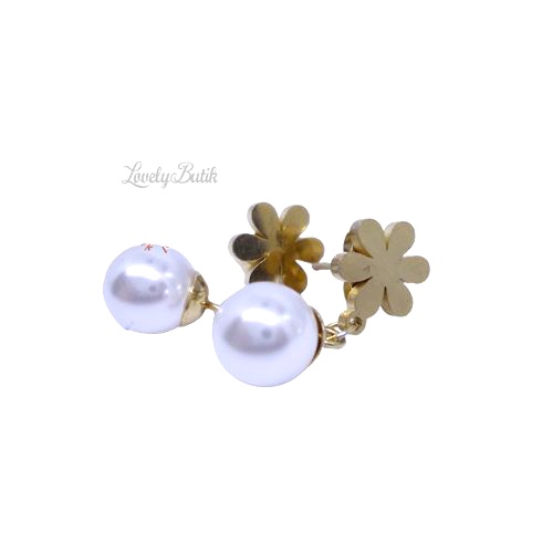 Anting Titanium Wanita Anti Karat Gandulan Mutiara Flower Anting Tindik Terbaru - Lovelybutik