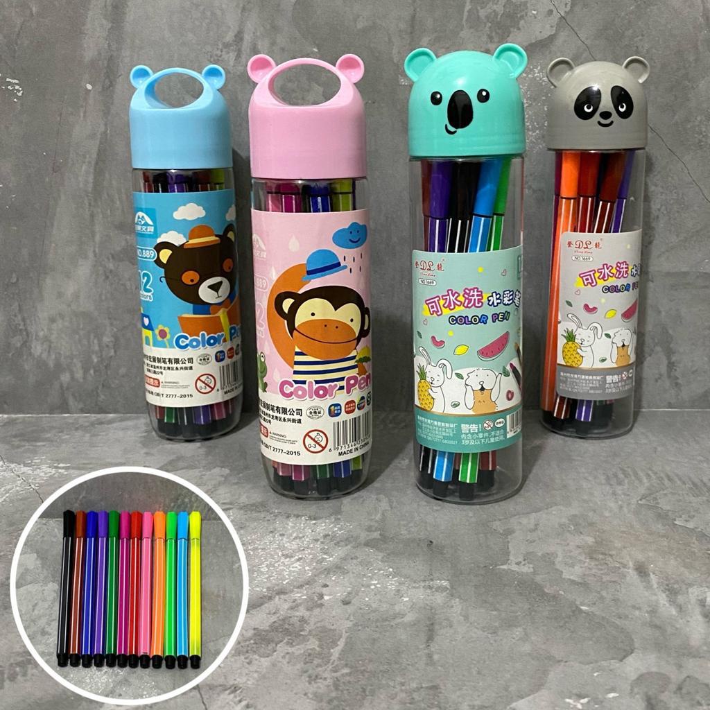

Spidol Set 12pcs Warna Mix - Alat Tulis Belajar Stationery Pena Cat Air Spidol Mewarnai 12 Warna Dengan Wadah Lucu