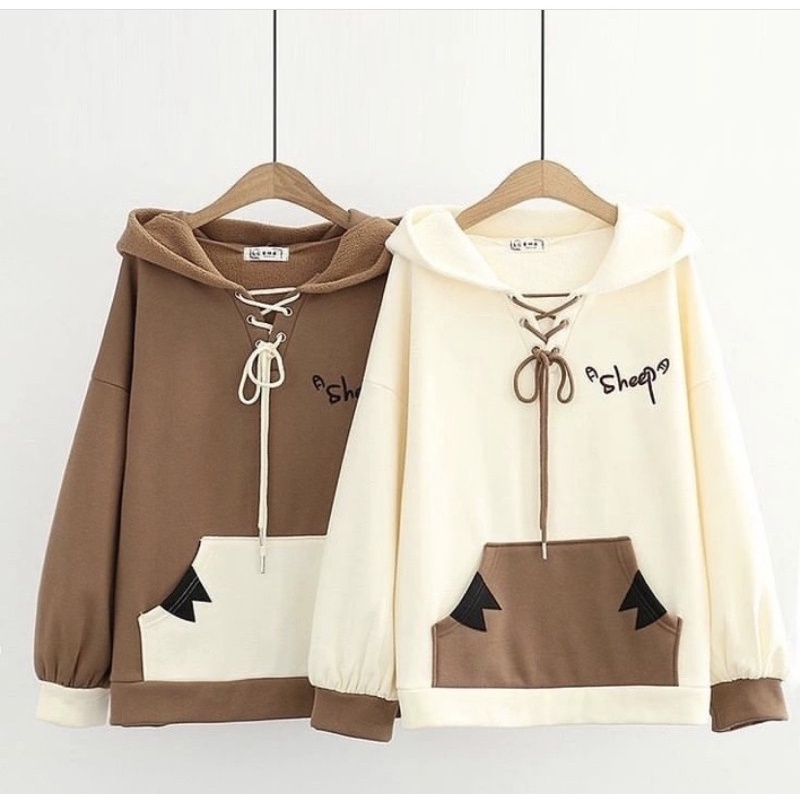 Sweater Wanita Lucu SHEEP HOODIE Kupluk Karakter Atasan Jacket Korean Fashion Outfit Gaya Kasual