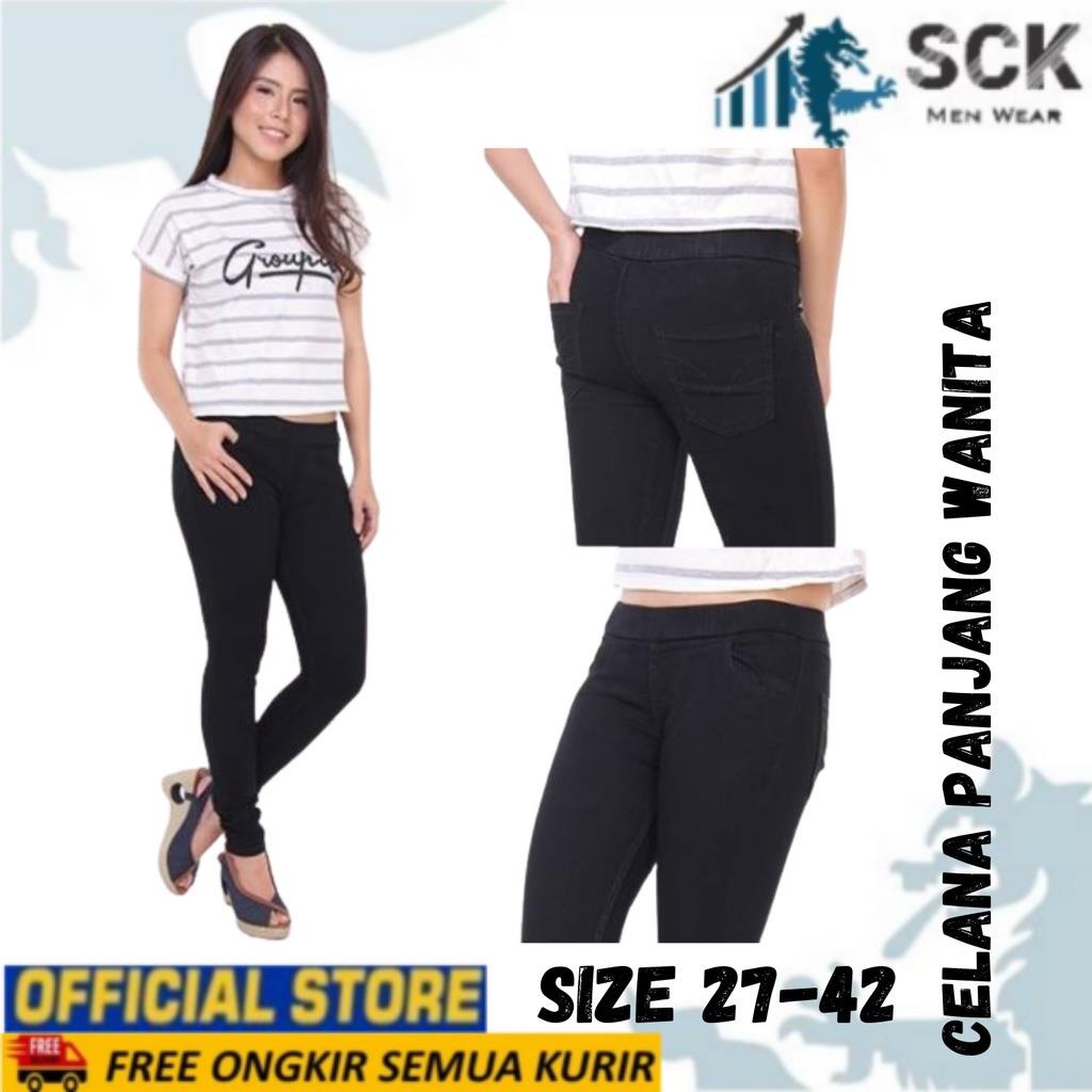 Celana Panjang Jeans Wanita CARRY BLESSING Legging Pinggang Karet / Bawahan Denim Cewek Hitam Navy Blueice Blue Casual Size 31-42 - sckmenwear GROSIR