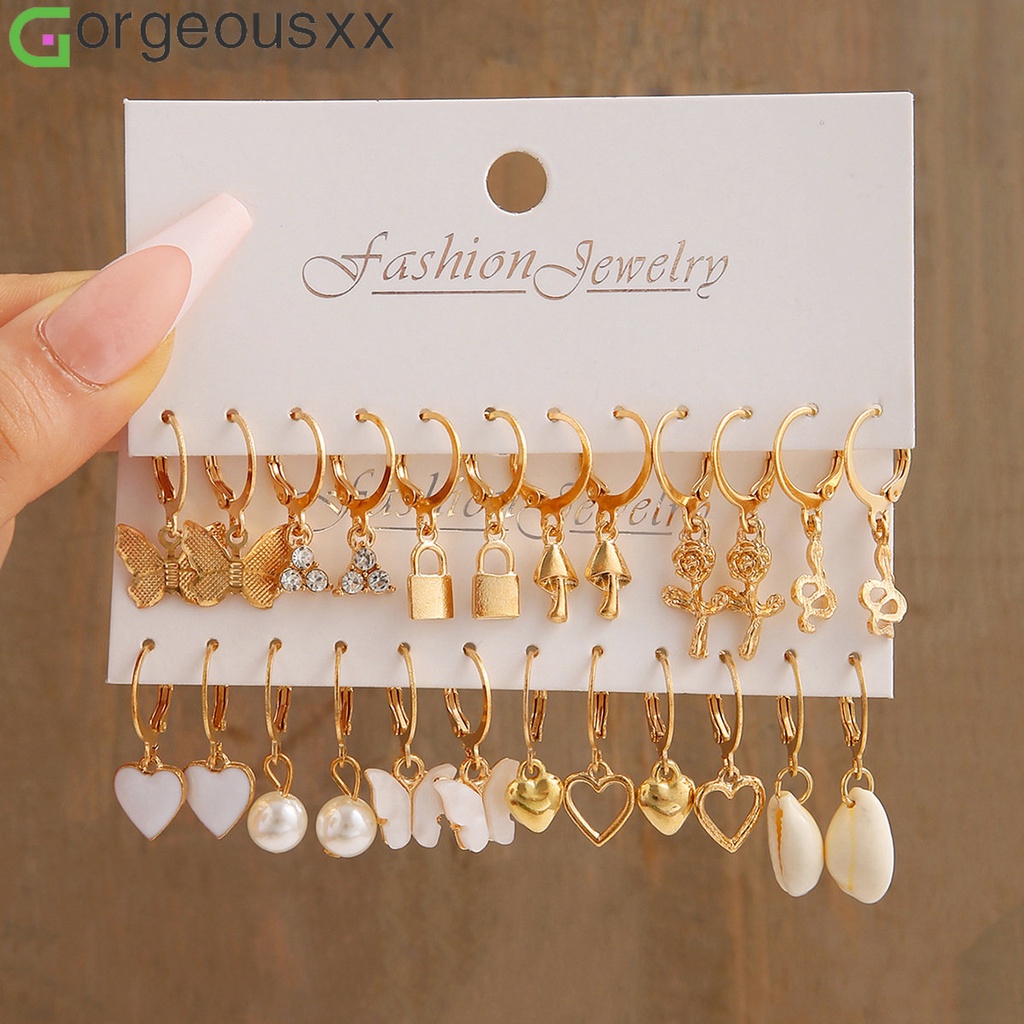 24pcs/set Trendi Lucu Hati Kupu-Kupu Ular Jamur Anting Untuk Wanita Kepribadian Kunci Bersinar Anting Perhiasan