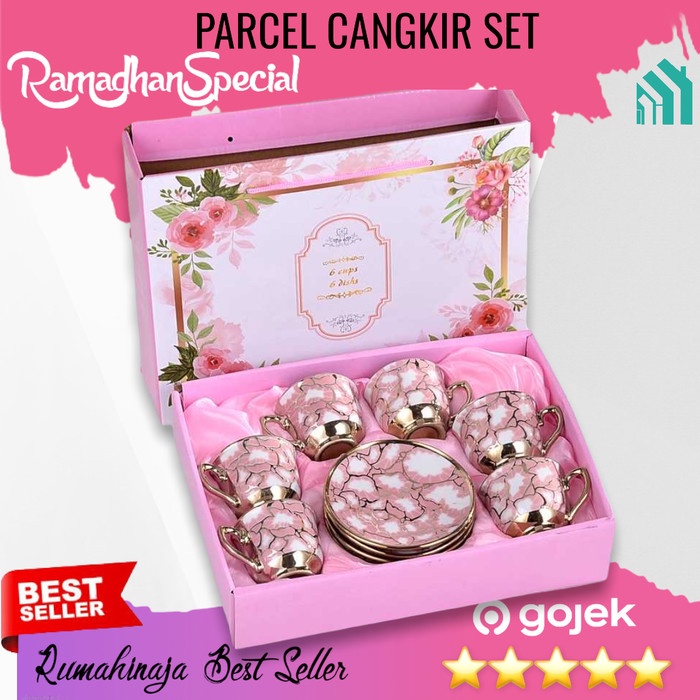 Parcel Kado Pernikahan Cangkir Keramik Set 6 in 1 Corak Mode Eropa DH2 - Hijau