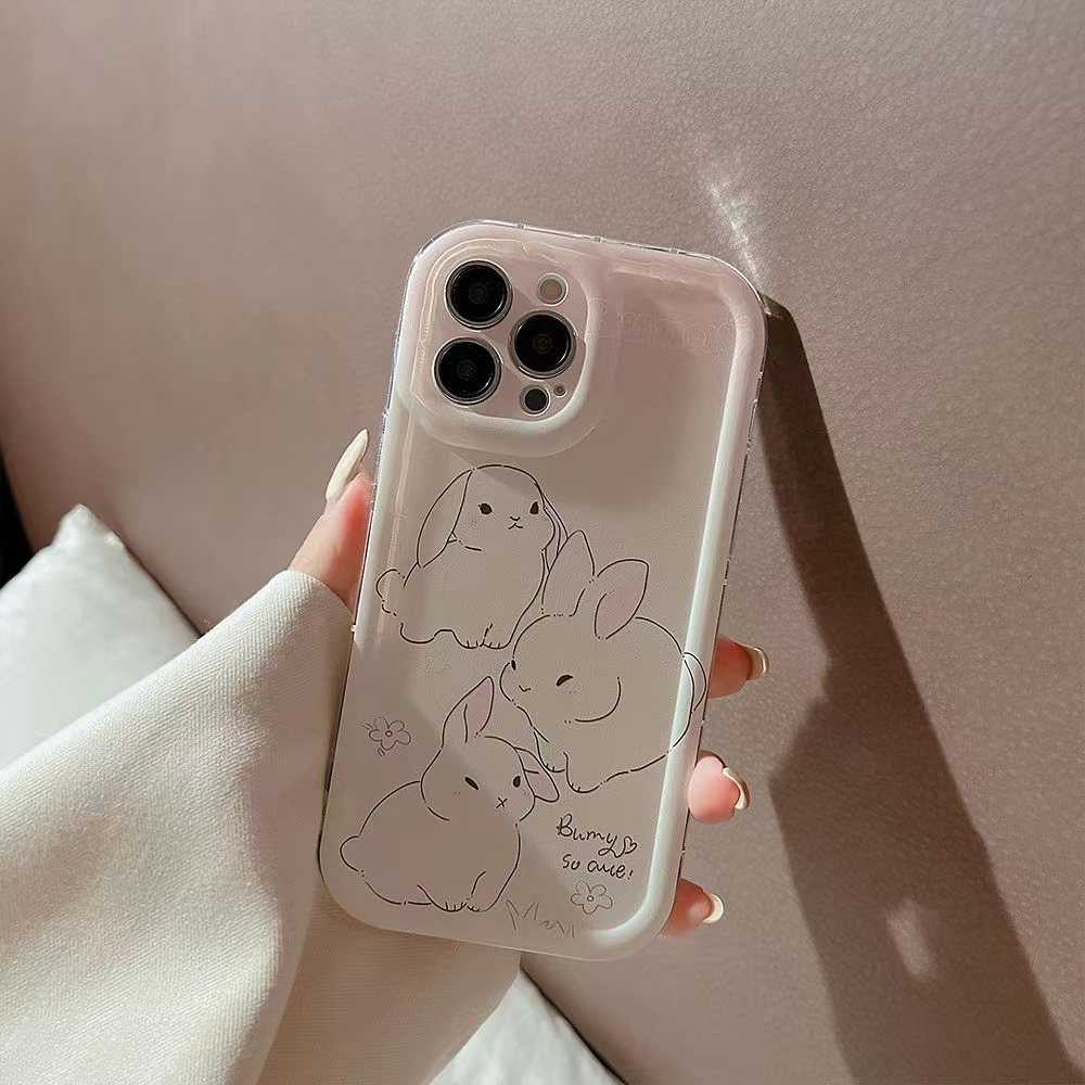 IPHONE Ins Pola Kelinci Cocok Untuk Iphone14 14pro 14plus 13 13mini 13pro 13prm iPhone12 7Plus 8Plus Xr XS 13 12mini Pro Max Empat Sudut Casing Ponsel Transparan Tahan Guncangan
