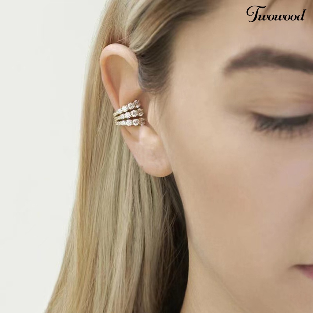 Twowood 1Pc Women Earring Sparkling Faux Diamond Design Shiny Efek Visual Multi-layer Semua Pertandingan Hias Warna Hidup Wanita Clip on Earring Hadiah Perhiasan Non-Piercing Untuk Wanita