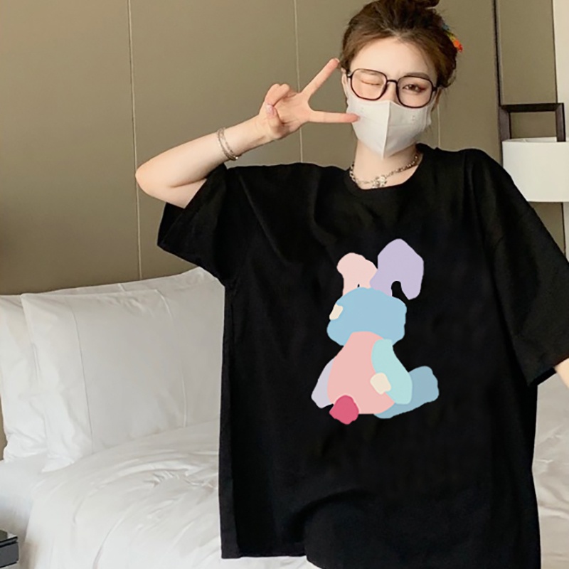Print T-shirt Kaos Lengan Pendek Cute Rainbow Bunny Baju Wanita Oversize Korean Style