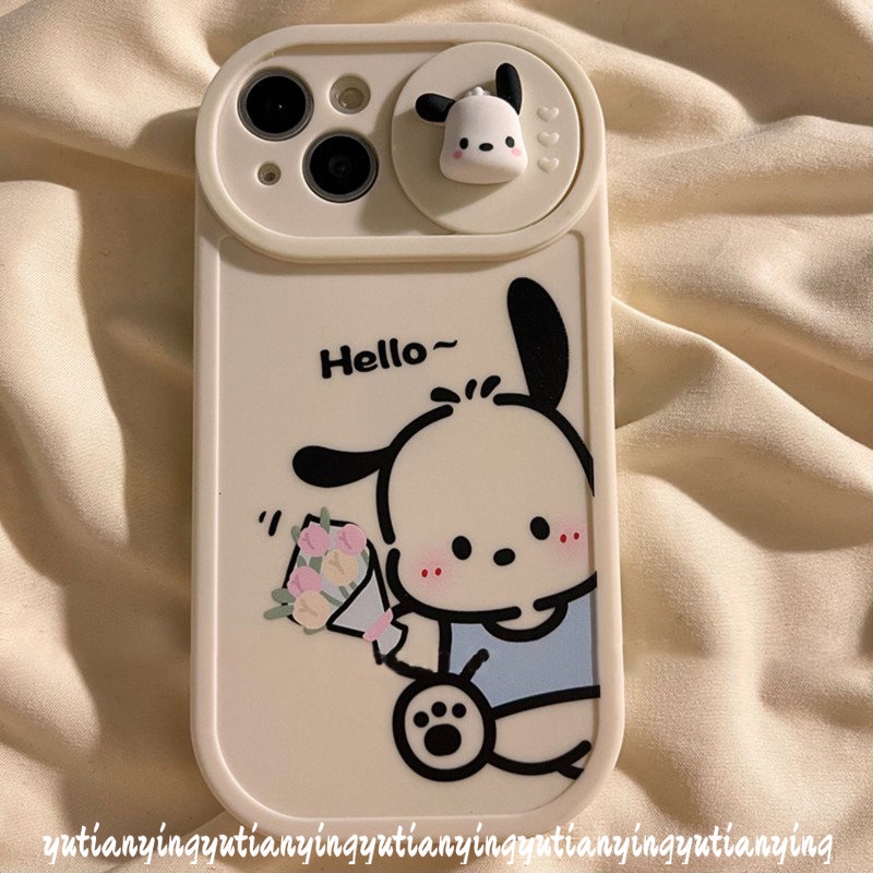 IPHONE Pasangan Lucu Pochacco Case Kompatibel Untuk Iphone11 13 12 Pro MAX Xr7 8 Plus X XS MAX Lembut TPU Kartun 3D Boneka Push Pull Jendela Penutup Perlindungan Lensa Kamera