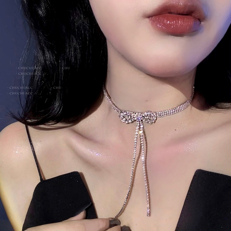 Kalung Rumbai Busur Berkilau Choker Rantai Silver Klavikula Kristal Untuk Aksesoris Perhiasan Wanita