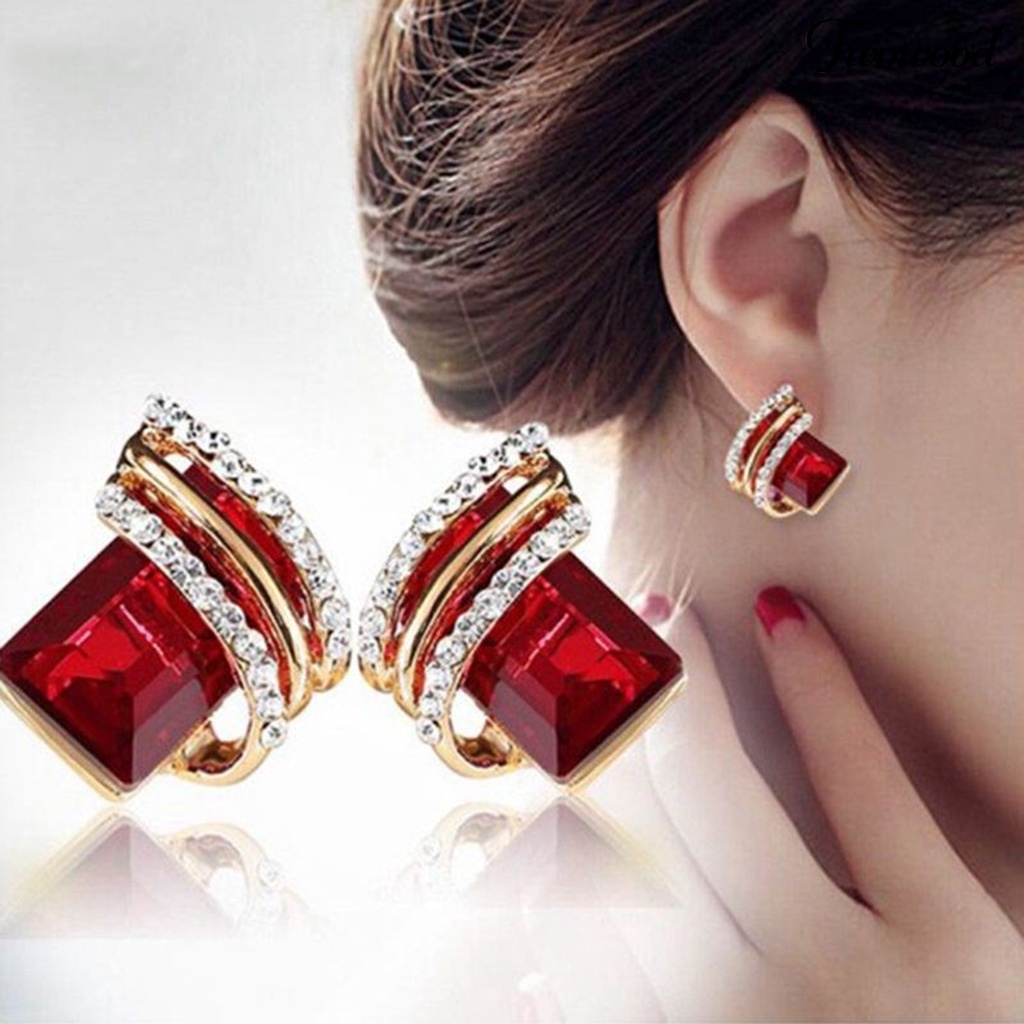 Twowood 1pasang Ear Studs Rhinestone Geometric Electroplating Luxury High Gloss Hiasan Telinga Perhiasan Kristal Imitasi Engagement Earrings Hadiah Anniversary