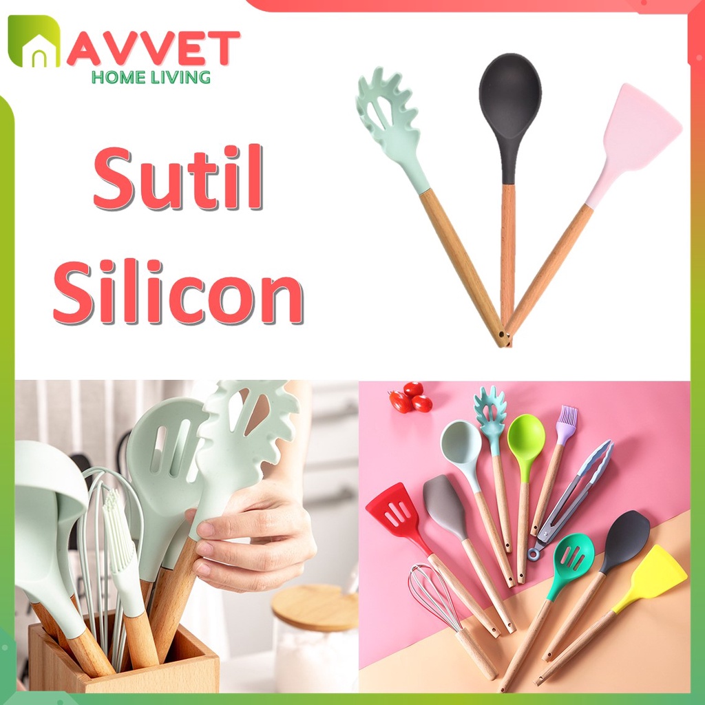 AVVET Sutil Silicon Gagang Kayu Peralatan Masak Murah Utensil Silikon Spatula Silicone Tahan Panas