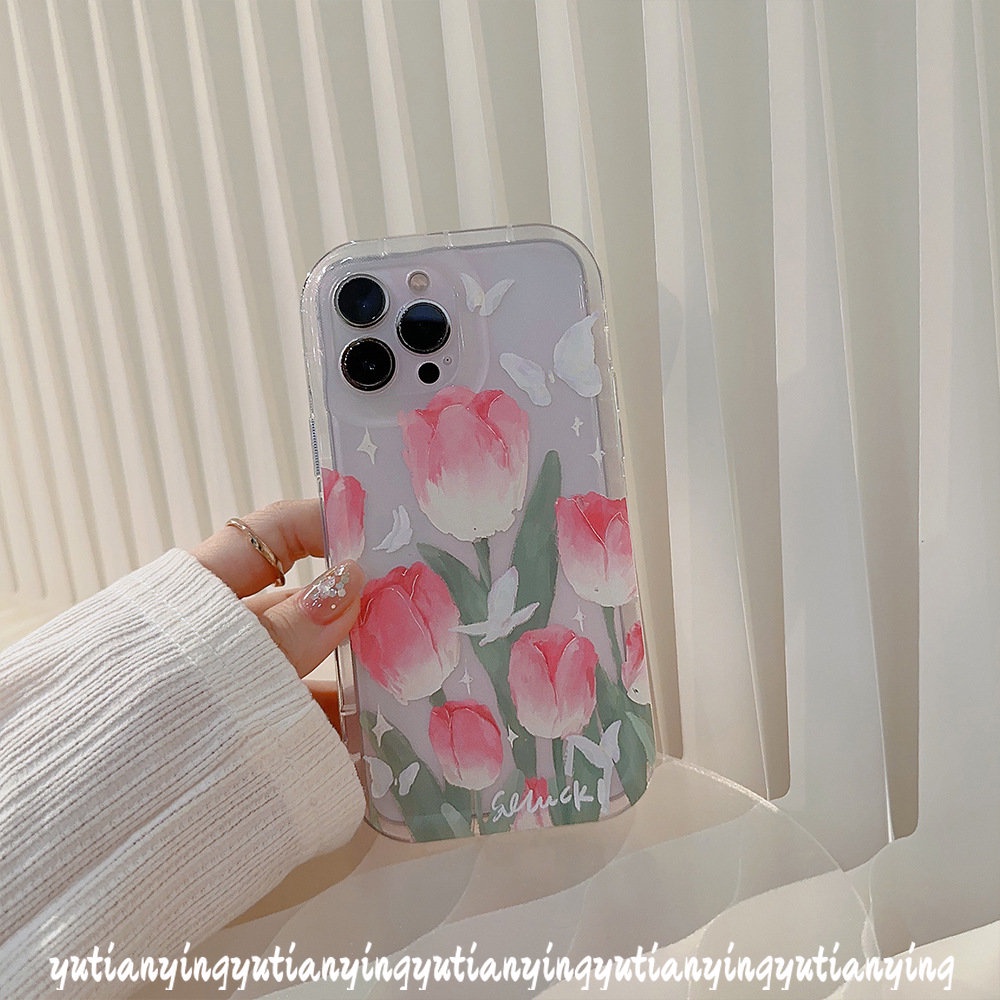 IPHONE Fashion Segar Musim Semi Bunga Casing Kompatibel Untuk Iphone11 13 12 Pro MAX XR 6 6S 7 8 Plus 14 Pro MAX X XS MAX Tulip Kupu-Kupu Shockproof Lembut TPU Airbag Phone Case