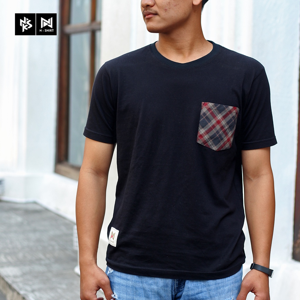 N-SHIRT Unisex Black - Regular Fit Short Sleeve Pocket T-Shirt (Baju Kaos Katun Premium Hitam Dengan Saku)