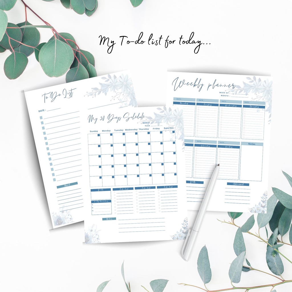 

Bundle Printable Planner Indigo Flower To-do List Weekly My 30Days Schedule Size A4, A5, A6, & Letter Instant Download PDF File