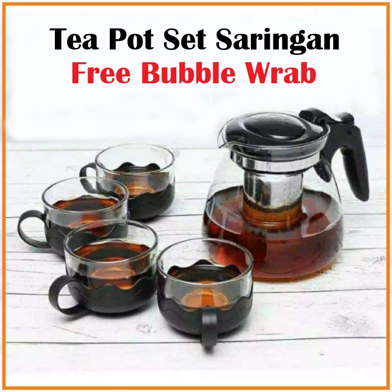 TEAPOT Set Kaca isi 5 in1 Tea Pot Warna Teapot Saringan Teko Saring Tempat Minum Teh 4 Gelas Cangkir