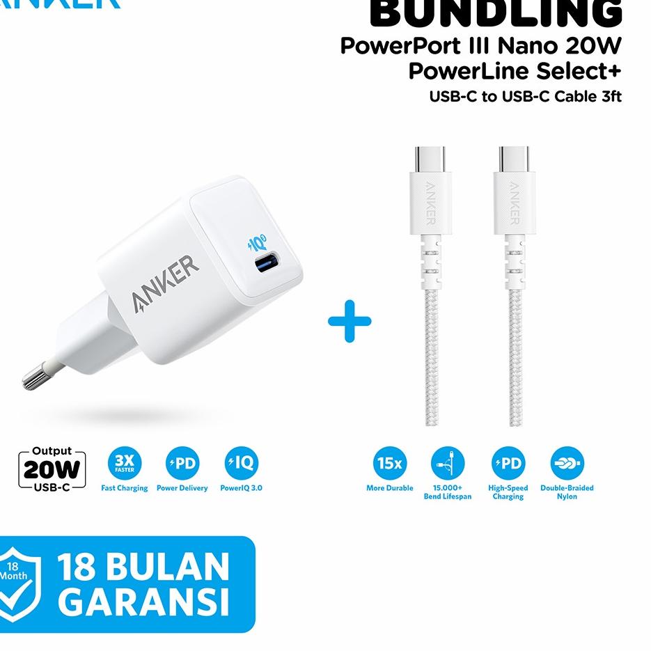 ⁎Fvi BUNDLING Wall Charger Anker PowerPort III Nano 20W  A2633 + Kabel Charger PowerLine Select+ C to C 3ft  A8032 ⁎ ⁎ ¯