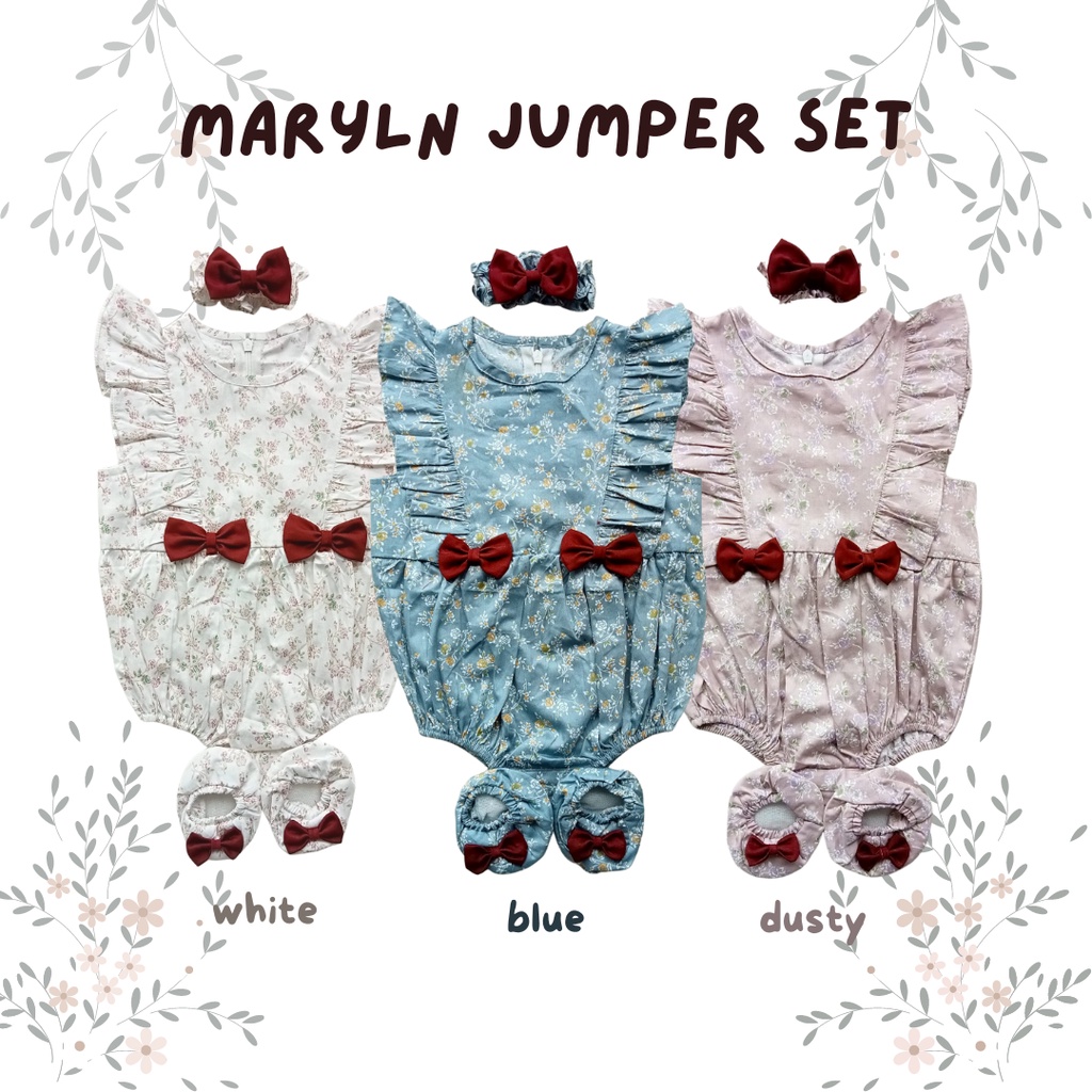 RENKIDSWEAR Maryln FLEURI jumper sepatu  set free bando+ headband romper newborn lucu katun 0-12 bulan baju kodok bayi baju set bayi kado newborn 1 tahunan bando