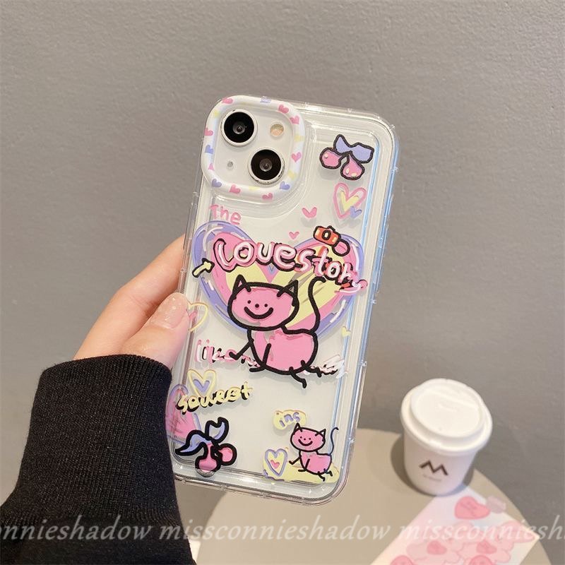 IPHONE Casing Ponsel Kucing Kartun Lucu Kompatibel Untuk Iphone7 8 6s 6 Plus11 13 12 14 Pro Max XR X XS Max SE 2020 Ins Graffiti Cinta Hati Bening Lembut Silicon TPU Airbag Shockproof Cover