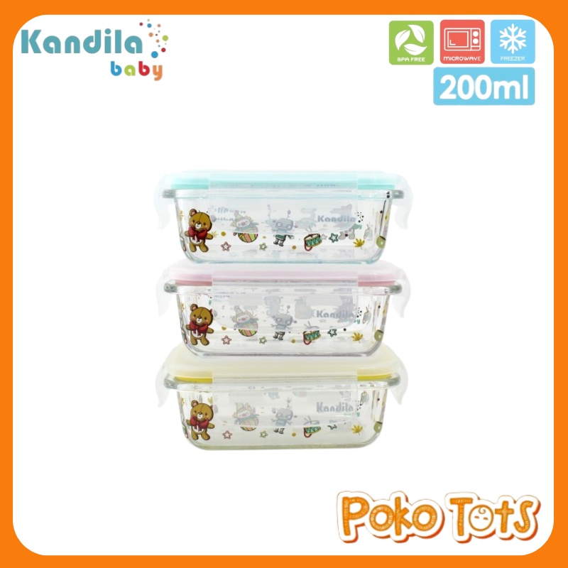 Kandila Baby Printed Glass Food Container 200ml Isi 3pcs KDL027-7 Tempat Makanan Bayi