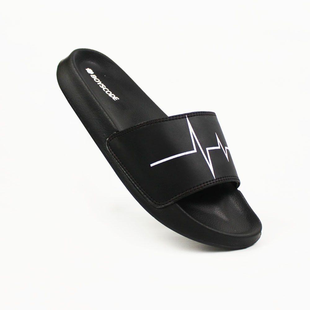 Sendal Slop Pria Wanita BOYSCODE Motif Detak Jantung Hitam / Slide Pria / Slip On Pria / Sendal Cowok / Sendal Cewek