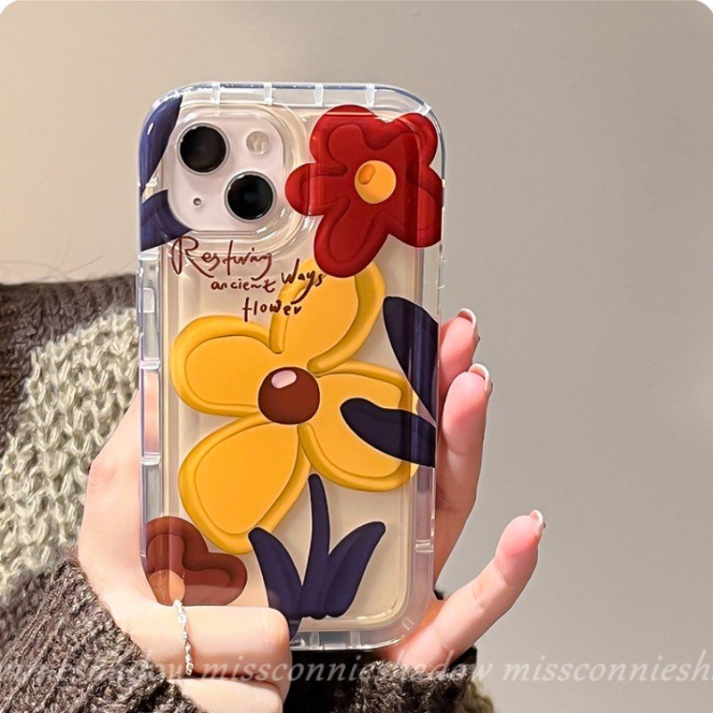 IPHONE Ins Korea Lukisan Minyak Fashion Bunga Segar Case Kompatibel Untuk Iphone11 13 12 14 Pro Max 7Plus 8Plus XR X6 6s 8 7 Plus XS Max SE 2020 Shockproof Airbag Lembut Tpu Phone Cover