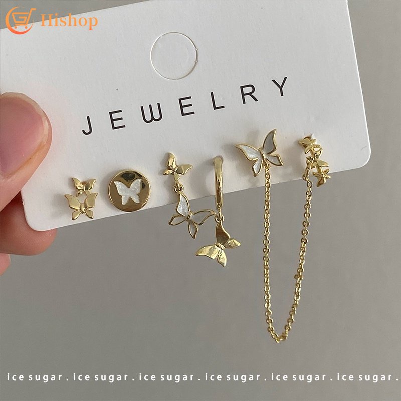 Fashion Emas Perak Stud Anting Untuk Wanita Sederhana Kupu-Kupu Drop Oil Hoop Earring Aksesoris Perhiasan