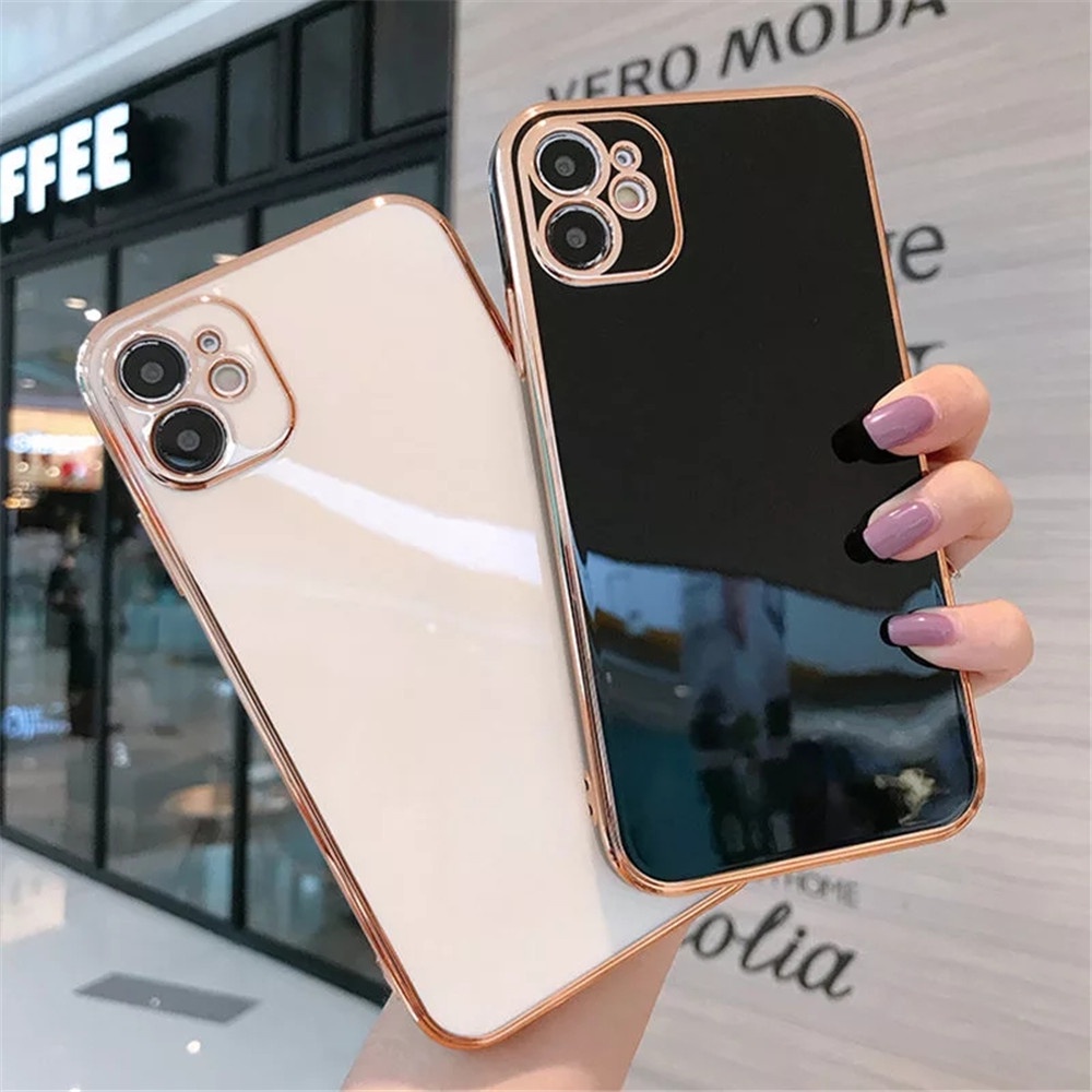 IPHONE Sarung Galvanis Lapis Emas Mewah Dan Modis Untuk Iphone14 13 12 11 Pro Max X XS Max XR 78 Plus Solid inlay Lens Protection Shell