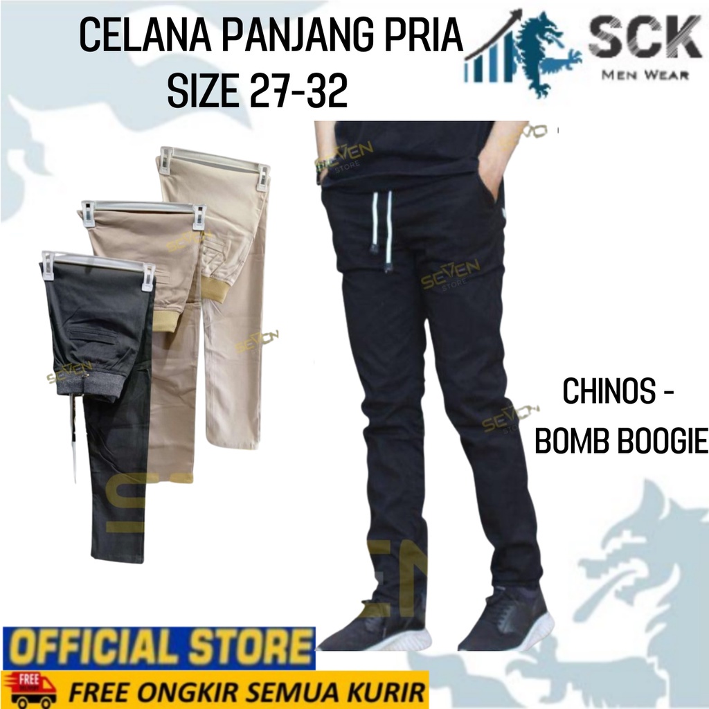 Celana Panjang Chinos BOMB BOOGIE Ukuran 27-32 Aneka Warna Pinggang Karet Tali - sckmenwear GROSIR