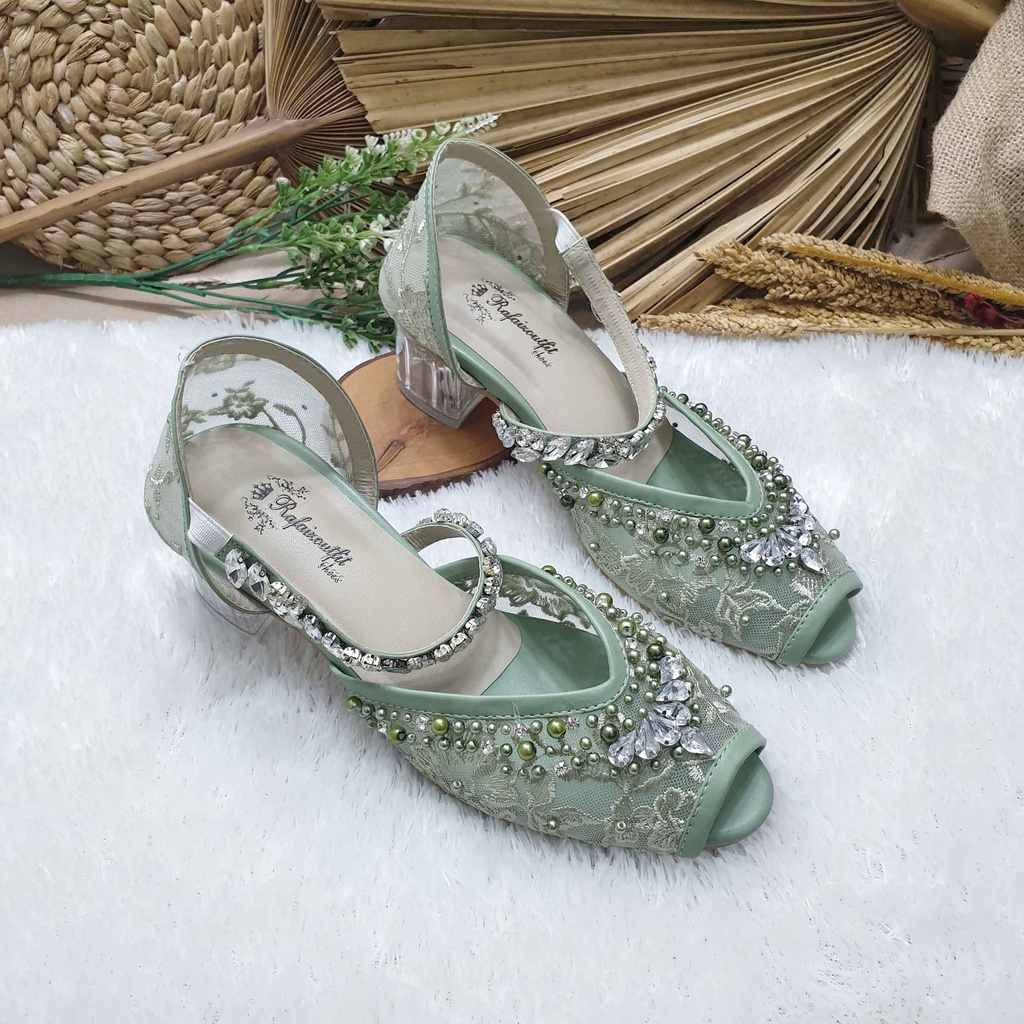 Sepatu wedding pesta cantik Lavanya hijau mint 5cm kaca