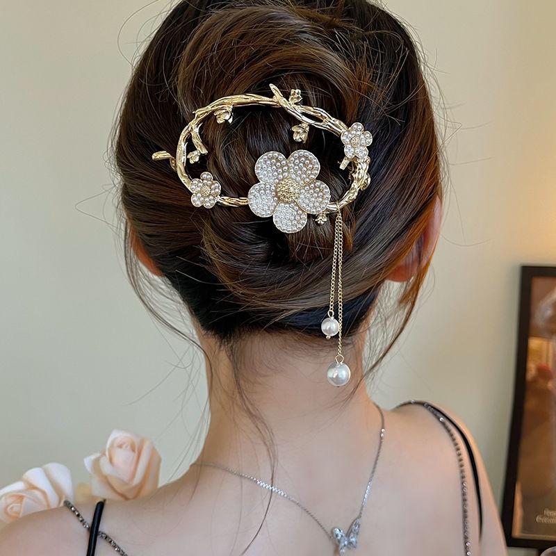 Elegan Fashion Wanita Kembali Kepala Sendok Lilitan Rambut Jepit Rambut Vintage Bunga Mutiara Rumbai Liontin Jepit Rambut Ponytail Holder Aksesoris Rambut Gaya Cina Berlian Imitasi Logam Twist Klip