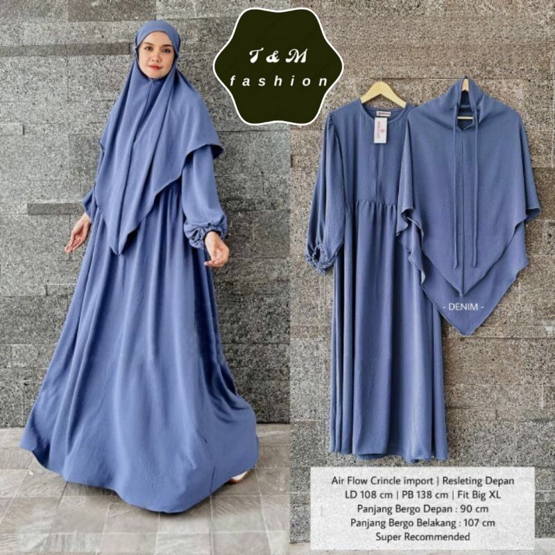 T &amp; M Fashion~Gamis Premium Khadisa Set Bergo Instan Matt Crinkle Air Flow Gamis Wanita Muslim Terbaru 2023 Khadijah Set Syari Gamis Syari Jumbo Hasanah