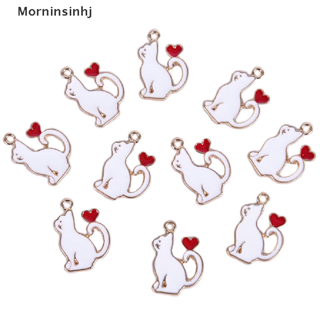 Mornin 10Pcs/Set Enamel Alloy Kucing Cinta Hati Ch Liontin Perhiasan DIY Membuat Craft id