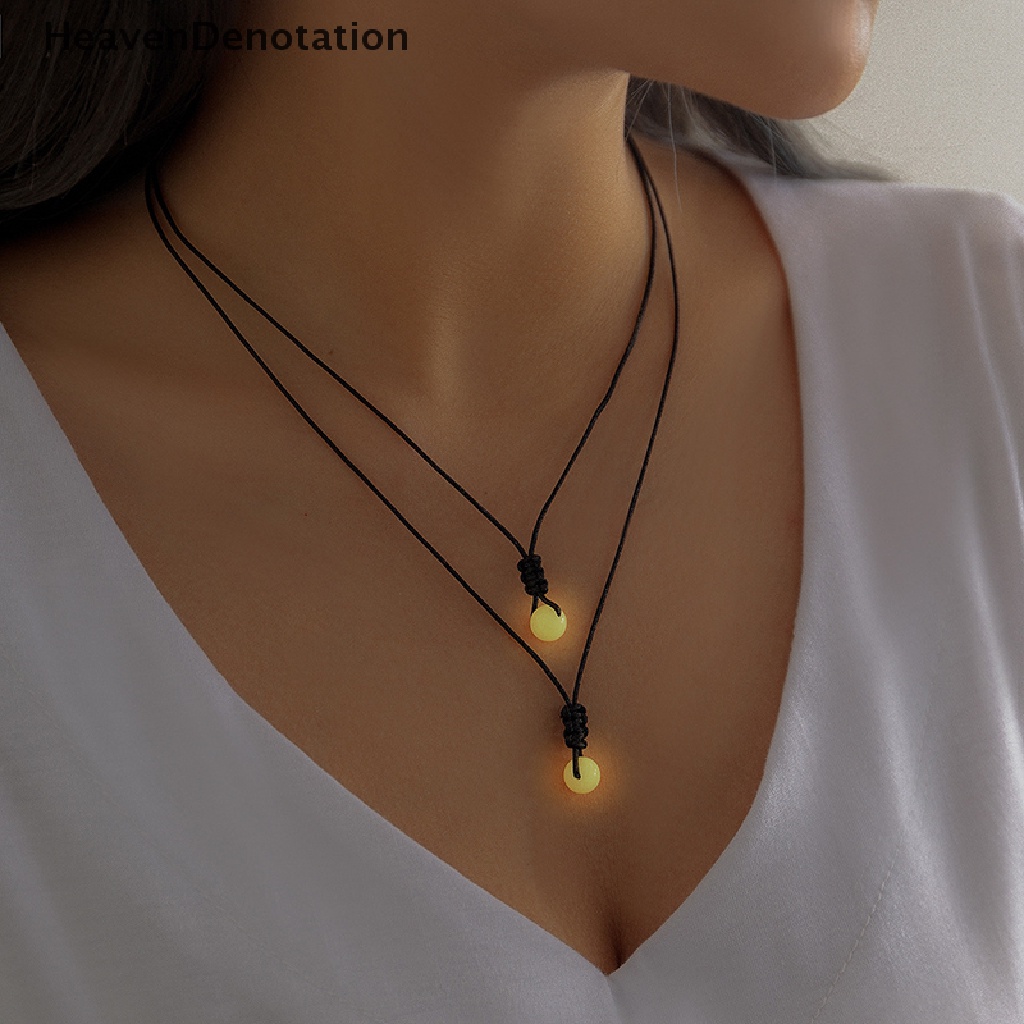 [HeavenDenotation] Goth Sederhana Lapisan Ganda Noctilucent Batu Liontin Tali Hitam Rantai Kalung Untuk Wanita Handmade Adjustable Choker Leher Perhiasan HDV