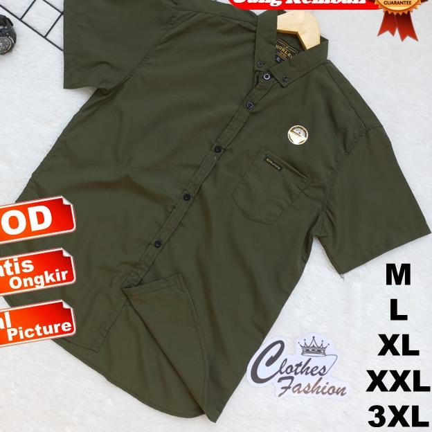 ۞ Baju Kemeja Hem Hijau Army Polos Slim Fit Pria Cowok Laki Laki Lengan Pendek Slimfit Oversize Big 