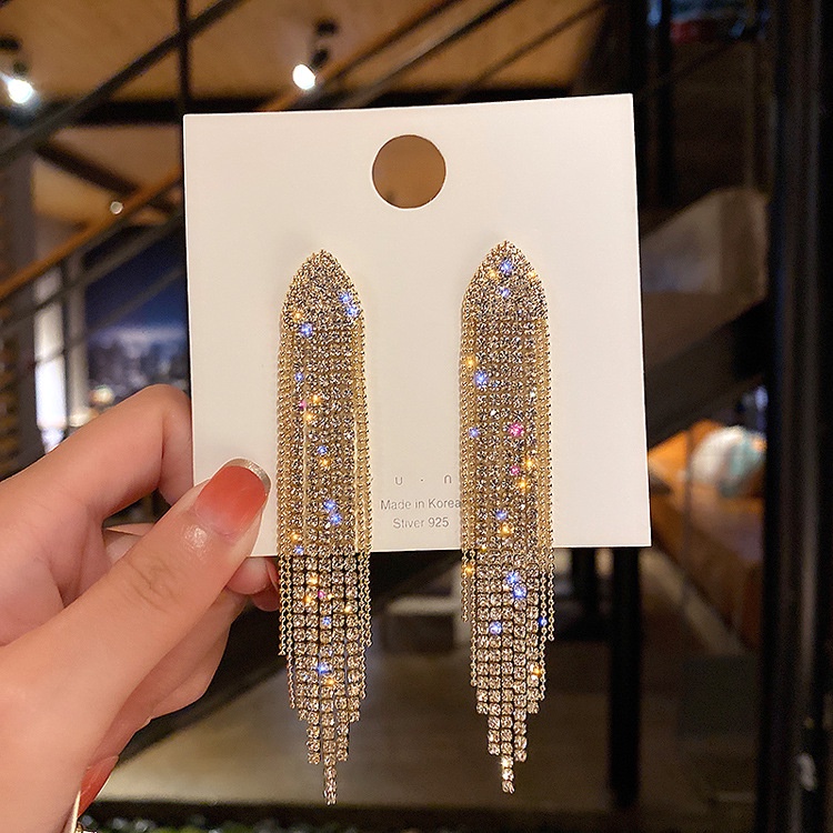 Anting Drop Kristal Baru Dengan Bling Bling Panjang Rumbai Temperamen Wanita Anting Bersinar Perhiasan Pesta Trendi Untuk Wanita