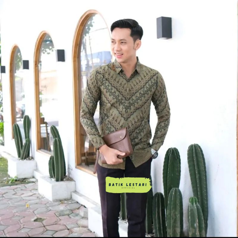 Kemeja Batik Pria Lengan Panjang SLIMFIT Motif Parang Seling Hijau Sage