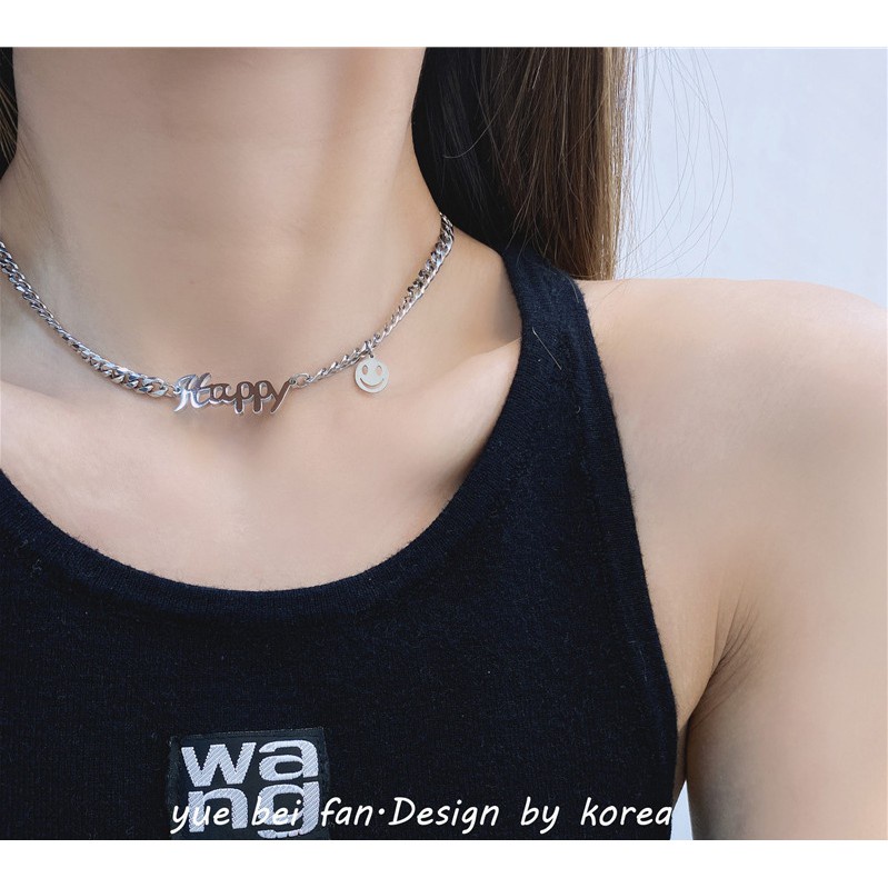 Kalung 18k Titanium Steel Desain Tulisan HAPPY Smile Face Gaya Hip Hop Korea Jepang