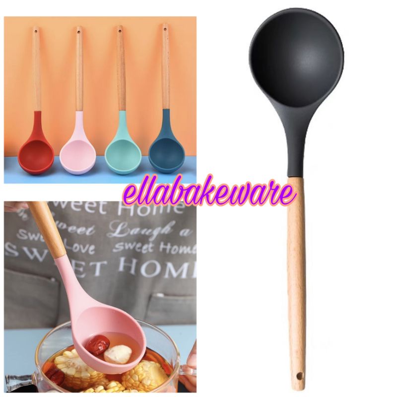 Sendok Sop / Soup Ladle Silikon Spatula Handle GAGANG Kayu