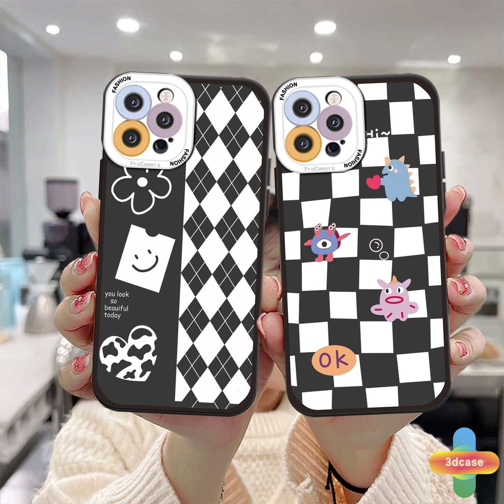 IPHONE Case Kompatibel For IPhone 11 12 13 PRO MAX 6 7 6S 8 Plus X XR XS MAX Se 2020 6SPlus 7Plus 6Plus 8Plus XSMAX papan Catur Diamond Grid Kartun Monster Kecil Lembut TPU Bergelombang Penutup Tepi