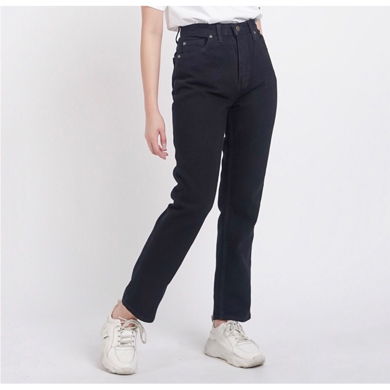 Celana panjang wanita jeans putih hitam HW Boyfriend Jeans import Polos