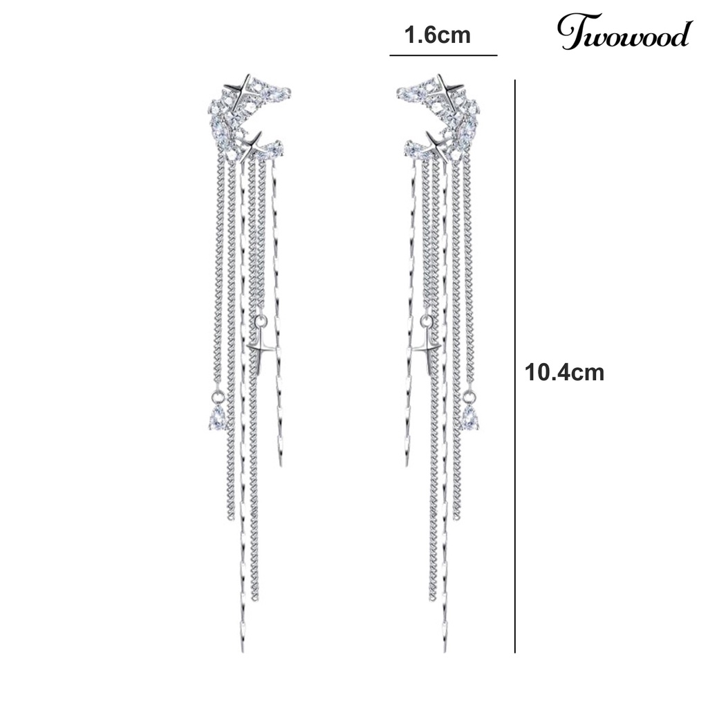 Twowood 1pasang Manset Telinga Cubic Zirconia Geometris Tanpa Tindik Temperamen Cahaya Mewah Berdandan Perhiasan Shiny Moon Star Panjang Rumbai Telinga Klip Wanita Aksesori